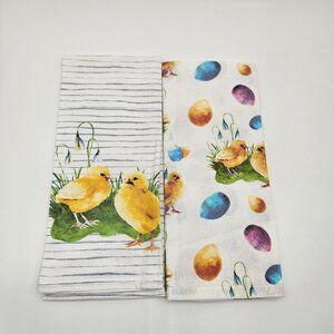 NWOT Set Of 2 Easter-Themed Cotton Dish Towels With Chicks & Eggs Design Spring